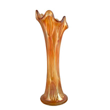 Load image into Gallery viewer, Opposite side view of Fenton Fine Rib carnival glass swung vase, three-quarter view showing vertical rib pattern and hand-pulled asymmetrical scalloped rim

