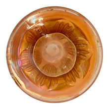 Load image into Gallery viewer, Base of Fenton Fine Rib marigold carnival glass swung vase showing rayed base and ground pontil, c. 1900–1930s
