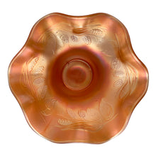 Load image into Gallery viewer, Overhead view showing detail of ruffled edge and golden amber iridescence on vintage Fenton carnival glass candy dish
