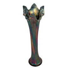 Load image into Gallery viewer, Fenton Fine Rib cobalt blue carnival glass swung vase, elevated front view showing iridescent purple, teal, and copper lustre on vertical ribbing, with ruffled multi-point rim, circa 1909–1928
