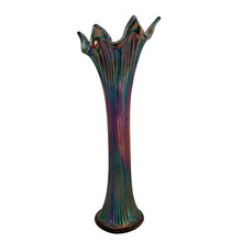 Load image into Gallery viewer, Fenton Fine Rib carnival glass swung vase, full-length side view with warm amber and teal iridescence visible across ribbed body, ruffled scalloped rim, flared foot base


