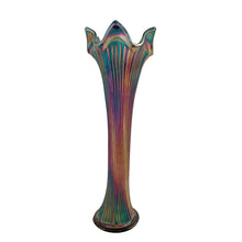 Load image into Gallery viewer, Fenton Fine Rib carnival glass swung vase, full rear view with cooler mauve and teal iridescence, fine vertical ribs running from flared foot to ruffled multi-point rim
