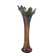 Load image into Gallery viewer, Fenton Fine Rib carnival glass swung vase, opposite side view with rose-mauve and teal iridescence, ruffled rim with outward-curling points, fine rib pattern on elongated swung body


