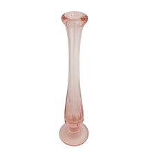 Load image into Gallery viewer, Vintage Fenton Art Glass swung footed bud vase, elevated front view, soft blush pink transparent glass, elongated swung neck, flared ruffled rim, bulbous lower body, circular foot
