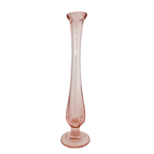 Load image into Gallery viewer, Vintage Fenton Art Glass swung footed bud vase, front view, soft blush pink transparent glass, elongated swung neck, flared ruffled rim, bulbous lower body, circular foot
