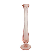 Load image into Gallery viewer, Vintage Fenton Art Glass swung footed bud vase, side view, soft blush pink transparent glass, elongated swung neck, flared ruffled rim, bulbous lower body, circular foot
