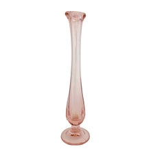 Load image into Gallery viewer, Vintage Fenton Art Glass swung footed bud vase, rear view, soft blush pink transparent glass, elongated swung neck, flared ruffled rim, bulbous lower body, circular foot
