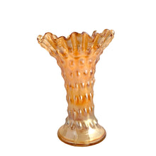 Load image into Gallery viewer, Antique Fenton Rustic marigold carnival glass swung vase, full front view showing iridescent amber-orange finish, c. 1910s–1920s USA
