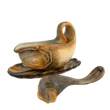 Load image into Gallery viewer, Vintage hand painted ceramic Majolica style figural fish serving platter, plates, dishes and sauce boat in shades of yellow, ochre and gray. Crafted by R. B. Ceramiche Artistiche, Italy, 1960s. This unique tableware is perfect for fish lovers!
