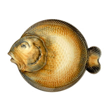 Load image into Gallery viewer, Vintage hand painted ceramic Majolica style figural fish serving platter, plates, dishes and sauce boat in shades of yellow, ochre and gray. Crafted by R. B. Ceramiche Artistiche, Italy, 1960s. This unique tableware is perfect for fish lovers!
