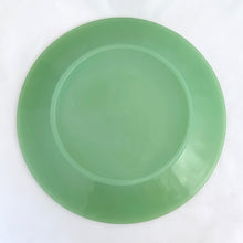 Load image into Gallery viewer, Vintage mid-century Fire-King &quot;Jane Ray&quot; pressed glass jadeite dinner plate with ribbed border detail. Produced by the Anchor Hocking Glass Company, USA, between 1945 - 1963. These plates are collectible and suit a number of decor styles.   In excellent condition, free from chips/cracks/repairs. Maker&#39;s mark present on the bottom of each piece, see photos.  Measures 9 1/8 inches
