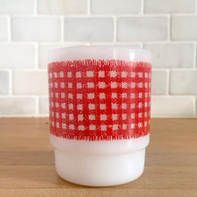 Load image into Gallery viewer, Front view of vintage Fire-King red gingham milk glass mug by Anchor Hocking, 1960s
