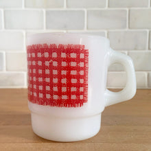 Load image into Gallery viewer, Opposite side view of vintage Fire-King red gingham milk glass mug by Anchor Hocking, 1960s

