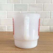 Load image into Gallery viewer, Handle view of vintage Fire-King red gingham milk glass mug by Anchor Hocking, 1960s
