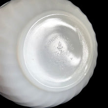 Load image into Gallery viewer, Close-up view of the base mark on the vintage Anchor Hocking Fire-King Swirl white milk glass mixing bowl showing the embossed Anchor Hocking anchor logo, Fire-King Ware script, and "Made in USA" mark
