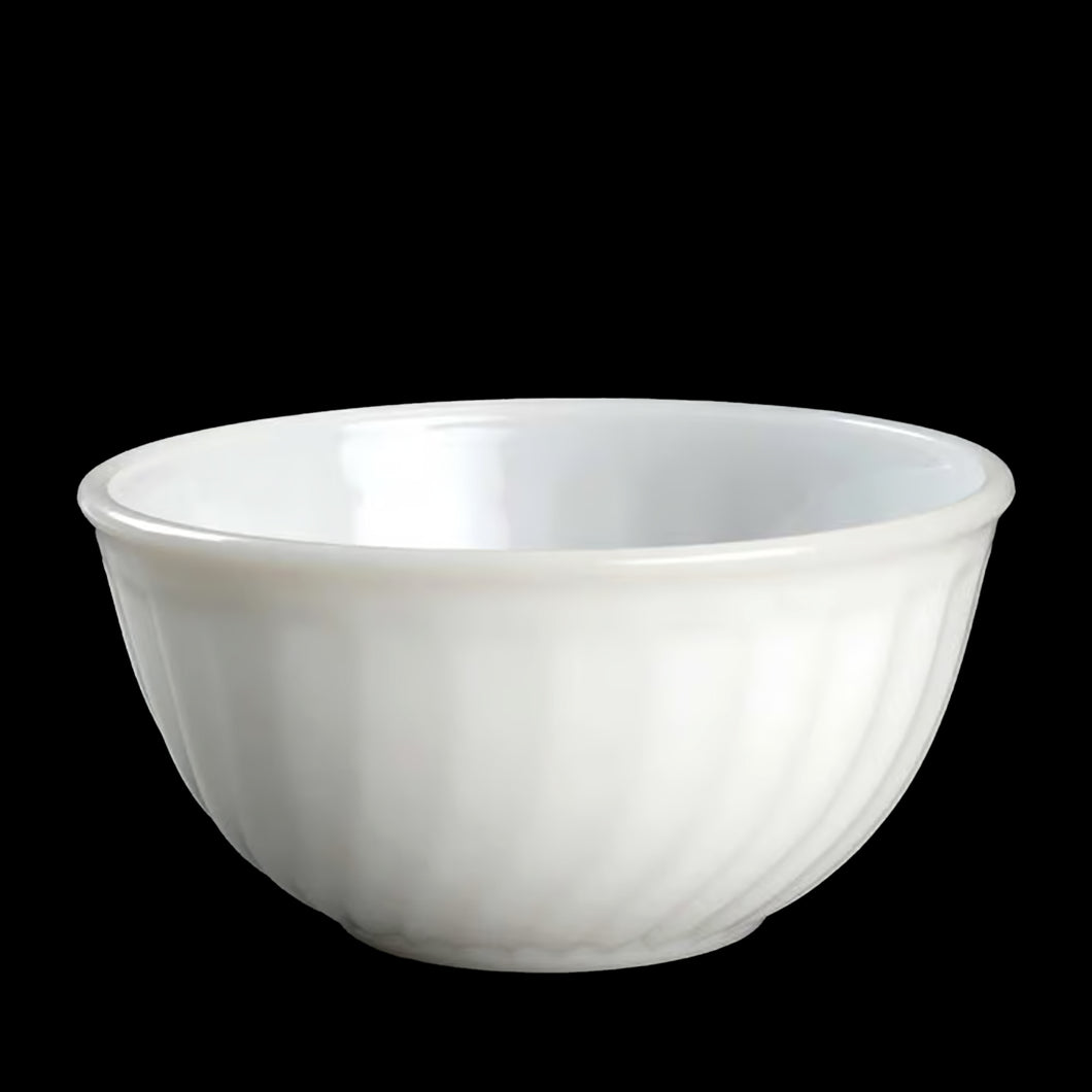 Vintage mid-century era Fire-King 8 inch milk glass swirl mixing bowl. Crafted by Anchor Hocking, USA, 1949 - 1962. Mix up some magic with this beauty! In excellent used condition, free from chips. Minor scratches, still shiny. Measures 8 x 4 inches