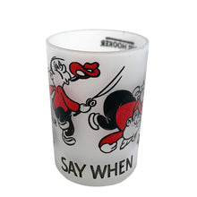 Load image into Gallery viewer, Vintage SAY WHEN liquor measuring shot glass featuring fishing motif graphics/text in red and black at the 1, 2, 3 and 4 ounce level on frosted glass. Crafted by Hazel-Atlas Glass, USA, 1950s. A fun novelty to add to your barware collection!

In excellent condition, no chips.

Measures 2 1/8 x 2 7/8 inches
