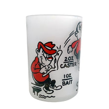 Load image into Gallery viewer, Vintage SAY WHEN liquor measuring shot glass featuring fishing motif graphics/text in red and black at the 1, 2, 3 and 4 ounce level on frosted glass. Crafted by Hazel-Atlas Glass, USA, 1950s. A fun novelty to add to your barware collection!

In excellent condition, no chips.

Measures 2 1/8 x 2 7/8 inches
