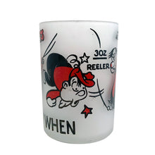 Load image into Gallery viewer, Vintage SAY WHEN liquor measuring shot glass featuring fishing motif graphics/text in red and black at the 1, 2, 3 and 4 ounce level on frosted glass. Crafted by Hazel-Atlas Glass, USA, 1950s. A fun novelty to add to your barware collection!

In excellent condition, no chips.

Measures 2 1/8 x 2 7/8 inches
