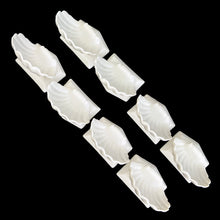 Load image into Gallery viewer, Overhead view of ight white ceramic Fitz &amp; Floyd Oceana clam shell place card holders, showing the scalloped rim detail
