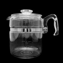 Load image into Gallery viewer, Vintage Flameware clear glass stovetop 9 cup percolator and lid #7759-B. Crafted by PYREX, USA, between 1936 - 1979. In great vintage condition, free from chips. Marked on the bottom Measures 5 5/8 x 7 7/8 inches
