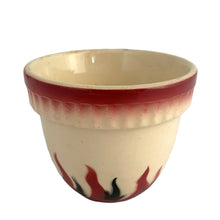 Load image into Gallery viewer, Rare vintage Flamex Ware custard cup features crimped burgundy rim with burgundy and black flames on a cream ground. Crafted by TG Green &amp; Co., England, 1930s. These classic bowls suit many decor styles such as farmhouse, cottage and rustic.

In good used vintage condition, no chips or cracks, typical minor glaze loss and staining. Impressed mark on the bottom, Flamex Ware along with T&amp;G's green stamp.

Measures 3 1/2 x 2 3/4 inches
