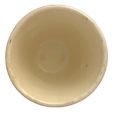 Load image into Gallery viewer, Rare vintage Flamex Ware custard cup features crimped burgundy rim with burgundy and black flames on a cream ground. Crafted by TG Green &amp; Co., England, 1930s. These classic bowls suit many decor styles such as farmhouse, cottage and rustic.

In good used vintage condition, no chips or cracks, typical minor glaze loss and staining. Impressed mark on the bottom, Flamex Ware along with T&amp;G's green stamp.

Measures 3 1/2 x 2 3/4 inches
