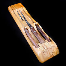 Load image into Gallery viewer, This vintage Flint hollow ground stainless steel three piece cutlery carving knife set is the perfect addition to any kitchen. Crafted by Ekco in England. The cutlery fits nicely into a beautiful hardwood block created by Overton Originals for Ecko. This gorgeous set from the 1950s, remains unused and in excellent condition. Make carving time a pleasure with this stunning vintage set!  The box shows significant wear.   
