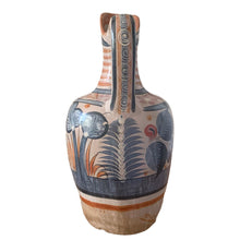 Load image into Gallery viewer, A stunning example of vintage Tonala folk art pottery, this unique hand painted pitcher or jug features whimsical floral and fauna in shades of burnt orange, rose and charcoal gray on a tan ground. Signed MEXICA 1960s era. A beautiful one-of-a-kind piece to enhance your home&#39;s decor!


In good vintage condition, no chips/cracks/repairs, age-related wear/patina.

Measures approximately 6 x 6 x 13 3/8 inches
