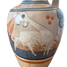 Load image into Gallery viewer, A stunning example of vintage Tonala folk art pottery, this unique hand painted pitcher or jug features whimsical floral and fauna in shades of burnt orange, rose and charcoal gray on a tan ground. Signed MEXICA 1960s era. A beautiful one-of-a-kind piece to enhance your home&#39;s decor!


In good vintage condition, no chips/cracks/repairs, age-related wear/patina.

Measures approximately 6 x 6 x 13 3/8 inches
