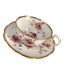 Load image into Gallery viewer, Vintage pattern 2349 fine bone china teacup and saucer featuring hand painted flowers in shades of pink, purple, blue, yellow and green with brush gold gilt trim. Crafted by Royal Albert Crown China, England, 1917-25. A lovely way to enjoy a cuppa tea!

In excellent condition, no chips, cracks or repairs. Maker&#39;s mark on the bottom.

Measures 4 x 2 3/8 inches | Saucer measures 5 1/2 inches

