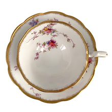 Load image into Gallery viewer, Vintage pattern 2349 fine bone china teacup and saucer featuring hand painted flowers in shades of pink, purple, blue, yellow and green with brush gold gilt trim. Crafted by Royal Albert Crown China, England, 1917-25. A lovely way to enjoy a cuppa tea!

In excellent condition, no chips, cracks or repairs. Maker&#39;s mark on the bottom.

Measures 4 x 2 3/8 inches | Saucer measures 5 1/2 inches
