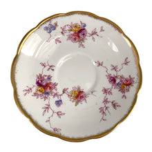 Load image into Gallery viewer, Vintage pattern 2349 fine bone china teacup and saucer featuring hand painted flowers in shades of pink, purple, blue, yellow and green with brush gold gilt trim. Crafted by Royal Albert Crown China, England, 1917-25. A lovely way to enjoy a cuppa tea!

In excellent condition, no chips, cracks or repairs. Maker&#39;s mark on the bottom.

Measures 4 x 2 3/8 inches | Saucer measures 5 1/2 inches
