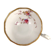Load image into Gallery viewer, Vintage pattern 2349 fine bone china teacup and saucer featuring hand painted flowers in shades of pink, purple, blue, yellow and green with brush gold gilt trim. Crafted by Royal Albert Crown China, England, 1917-25. A lovely way to enjoy a cuppa tea!

In excellent condition, no chips, cracks or repairs. Maker&#39;s mark on the bottom.

Measures 4 x 2 3/8 inches | Saucer measures 5 1/2 inches
