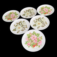 Load image into Gallery viewer, Set of 6 Praesidium by Ornamin floral white melamine coasters, England 1970s, full set laid out
