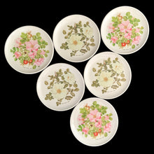 Load image into Gallery viewer, Overhead view of Praesidium floral melamine coasters, set of 6, Ornamin England 1970s, vintage barware Toronto
