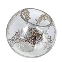 Load image into Gallery viewer, Vintage clear glass rose bowl decorated with floral silver overlay. Crafted by Silver City Glass, USA,&nbsp; 1940s. Use this lovely vase to create a beautiful floral arrangement for your home or wedding decor.

In excellent condition, no chips. Silver is intact and freshly polished.

Measures 4 1/2 x 4 1/2 inches
