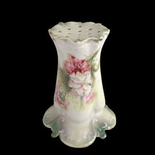 Load image into Gallery viewer, Antique RS Prussia hand-painted floral porcelain hat pin holder, three-quarter view showing form and painted carnation flowers, Reinhold Schlegelmilch
