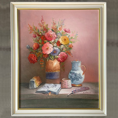 Vintage still life original textured acrylic painting featuring a vibrant spring bouquet of colourful flowers with teapot, basket, books and feather, framed in white and gold wood. Signed by American artist, Charles Redmond Benolt. A skillfully executed work — absolutely stunning!

Canvas 16 1/2 x 20 3/8 inches

Framed 20 x 23 3/4 inches

Charles Redmond Benolt was a highly-listed American artist in the 20th century, known for his floral still lifes and whimsical marine paintings, Florida, USA