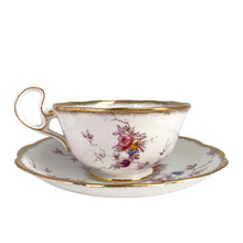 Load image into Gallery viewer, Vintage pattern 2349 fine bone china teacup and saucer featuring hand painted flowers in shades of pink, purple, blue, yellow and green with brush gold gilt trim. Crafted by Royal Albert Crown China, England, 1917-25. A lovely way to enjoy a cuppa tea!

In excellent condition, no chips, cracks or repairs. Maker&#39;s mark on the bottom.

Measures 4 x 2 3/8 inches | Saucer measures 5 1/2 inches
