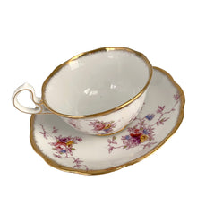 Load image into Gallery viewer, Vintage pattern 2349 fine bone china teacup and saucer featuring hand painted flowers in shades of pink, purple, blue, yellow and green with brush gold gilt trim. Crafted by Royal Albert Crown China, England, 1917-25. A lovely way to enjoy a cuppa tea!

In excellent condition, no chips, cracks or repairs. Maker&#39;s mark on the bottom.

Measures 4 x 2 3/8 inches | Saucer measures 5 1/2 inches
