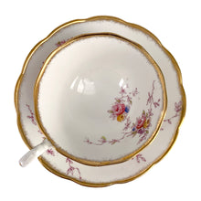 Load image into Gallery viewer, Vintage pattern 2349 fine bone china teacup and saucer featuring hand painted flowers in shades of pink, purple, blue, yellow and green with brush gold gilt trim. Crafted by Royal Albert Crown China, England, 1917-25. A lovely way to enjoy a cuppa tea!

In excellent condition, no chips, cracks or repairs. Maker&#39;s mark on the bottom.

Measures 4 x 2 3/8 inches | Saucer measures 5 1/2 inches
