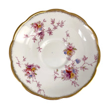 Load image into Gallery viewer, Vintage pattern 2349 fine bone china teacup and saucer featuring hand painted flowers in shades of pink, purple, blue, yellow and green with brush gold gilt trim. Crafted by Royal Albert Crown China, England, 1917-25. A lovely way to enjoy a cuppa tea!

In excellent condition, no chips, cracks or repairs. Maker&#39;s mark on the bottom.

Measures 4 x 2 3/8 inches | Saucer measures 5 1/2 inches
