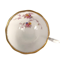 Load image into Gallery viewer, Vintage pattern 2349 fine bone china teacup and saucer featuring hand painted flowers in shades of pink, purple, blue, yellow and green with brush gold gilt trim. Crafted by Royal Albert Crown China, England, 1917-25. A lovely way to enjoy a cuppa tea!

In excellent condition, no chips, cracks or repairs. Maker&#39;s mark on the bottom.

Measures 4 x 2 3/8 inches | Saucer measures 5 1/2 inches
