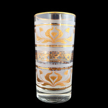 Load image into Gallery viewer, Set of four, vintage mid-century highball cocktail glasses featuring 22kt gold florals on frosted panels with gold rims. Crafted by Dominion Glass, Canada, 1960s/70s. These glasses were literally is everyone's rec rooms in the 60s and 70s and are perfect for any occasion or cocktail!

In excellent condition, no chips.

Measures 2 3/4 x 5 1/2 inches

Capacity 10 ounces

