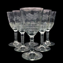 Load image into Gallery viewer, Set of six Federal Glass Series 145 wine goblets with cut floral pattern and ribbed stems, 1930s
