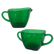 Load image into Gallery viewer, Vintage forest green Charm glass creamer and open sugar, featuring an etched floral. Crafted by Anchor Hocking, USA, 1950 - 1954. Perfect for enthusiasts of mid-century colourful tableware!

In excellent condition, no chips.

Open sugar measures 3 1/4 x 2 3/8 inches (5 inches incl. handles)

Creamer measures 3 1/8 x 2 3/8 (4 3/8 incl. handle)
