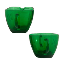 Load image into Gallery viewer, Vintage forest green Charm glass creamer and open sugar, featuring an etched floral. Crafted by Anchor Hocking, USA, 1950 - 1954. Perfect for enthusiasts of mid-century colourful tableware!

In excellent condition, no chips.

Open sugar measures 3 1/4 x 2 3/8 inches (5 inches incl. handles)

Creamer measures 3 1/8 x 2 3/8 (4 3/8 incl. handle)
