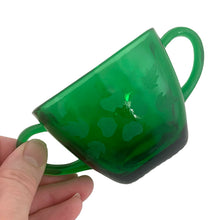 Load image into Gallery viewer, Vintage forest green Charm glass creamer and open sugar, featuring an etched floral. Crafted by Anchor Hocking, USA, 1950 - 1954. Perfect for enthusiasts of mid-century colourful tableware!

In excellent condition, no chips.

Open sugar measures 3 1/4 x 2 3/8 inches (5 inches incl. handles)

Creamer measures 3 1/8 x 2 3/8 (4 3/8 incl. handle)
