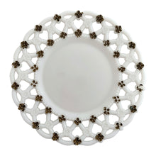 Load image into Gallery viewer, Vintage &quot;Forget Me Not&quot; milk glass salad plate, featuring a lovely flower dotted lace edge. The outer and inner rows of the flowers are hand painted. Crafted by Westmoreland Glass, USA, between 1900-1980. A sweet piece of glass to display or use as a catchall. In used vintage condition, free from chips, wear to the paint. Unmarked. Measures 7 3/8 inches
